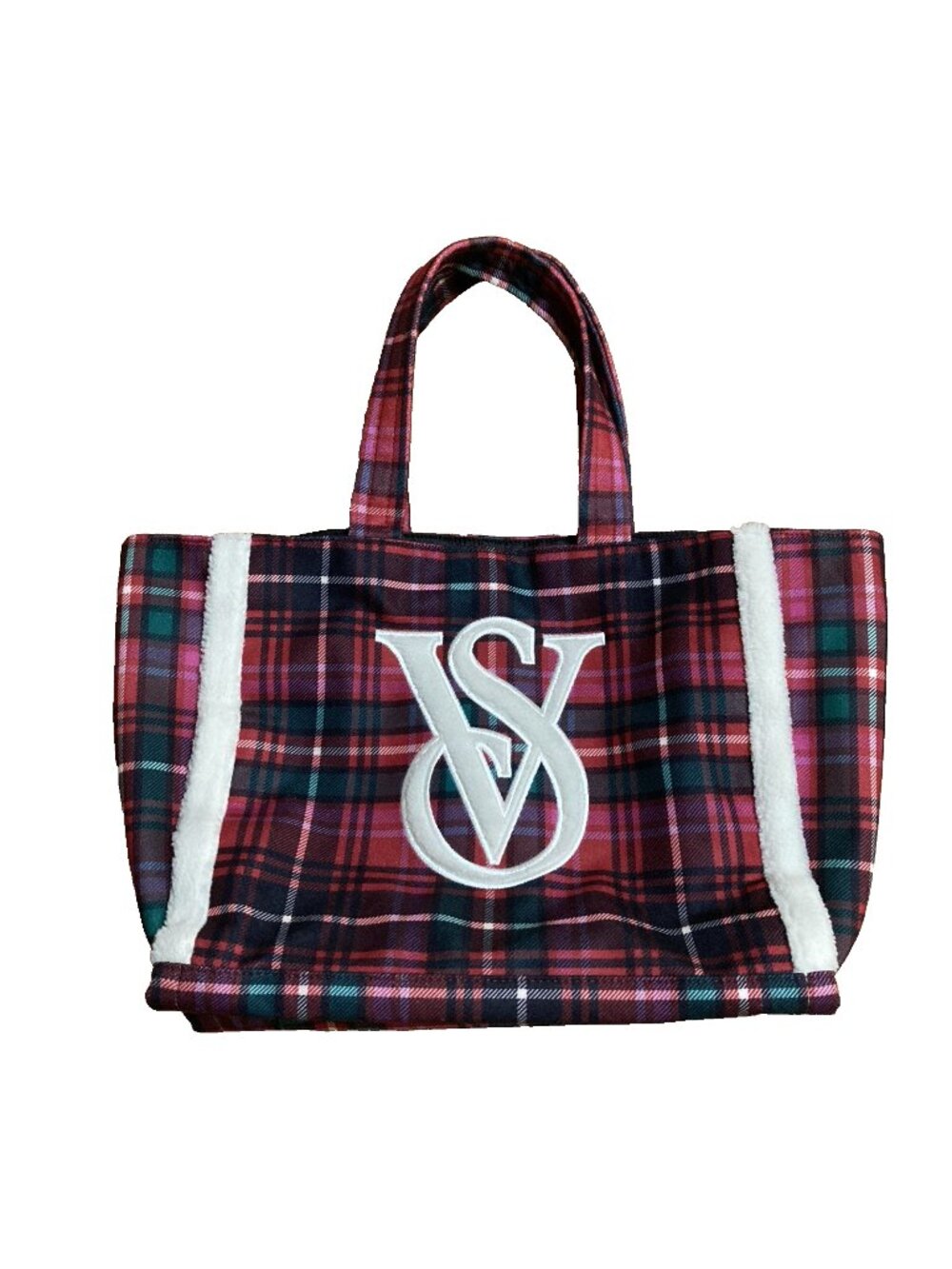 Victoria's Secret Christmas Tote Bag Sherpa Limited Ed Tartan Plaid Holiday Logo